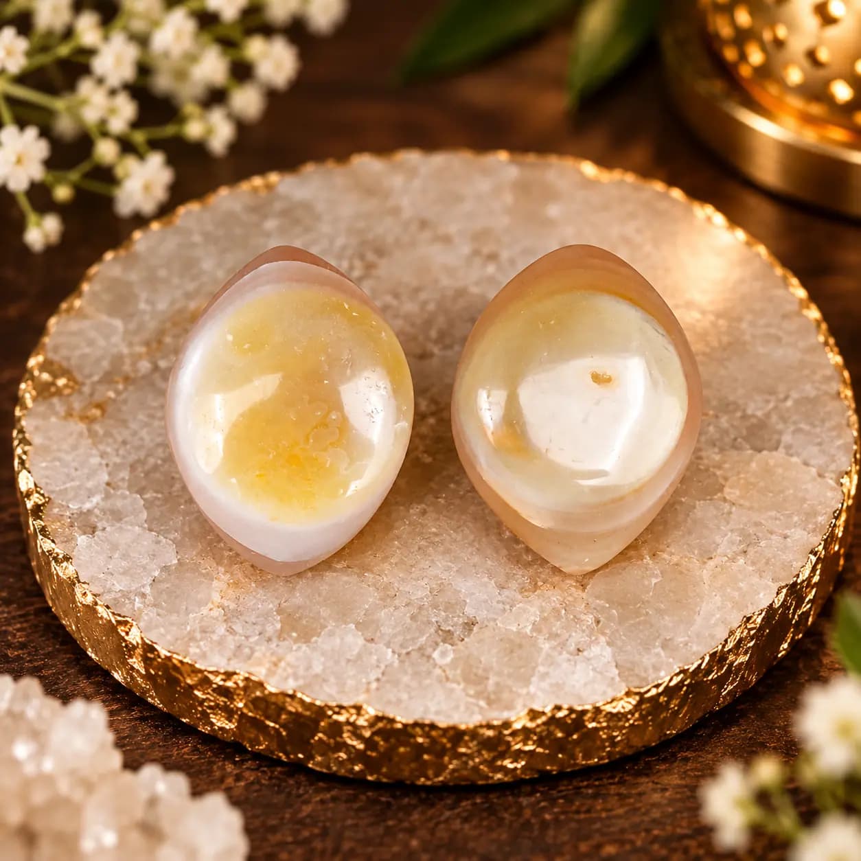 Yellow-White Agate Crystal Stones (Pair)