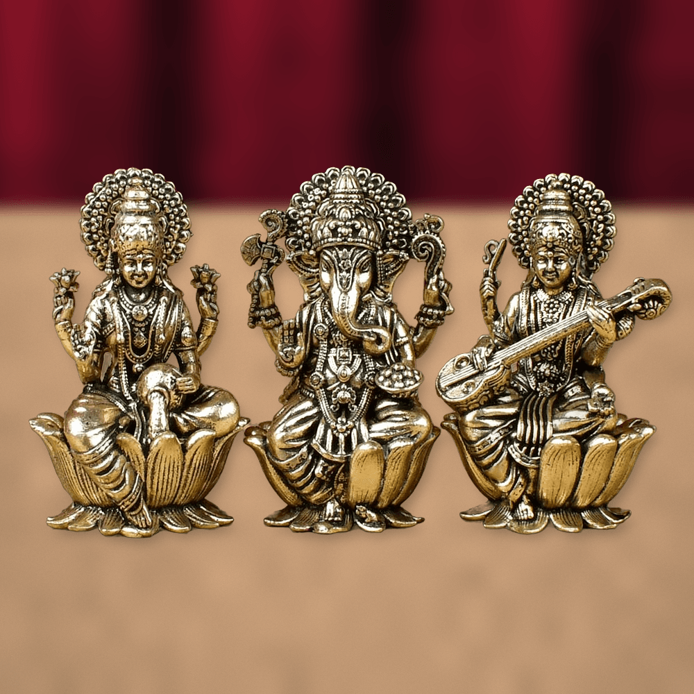 Lakshmi Ganesh Saraswati on Lotus Ashtadhatu Idols Set