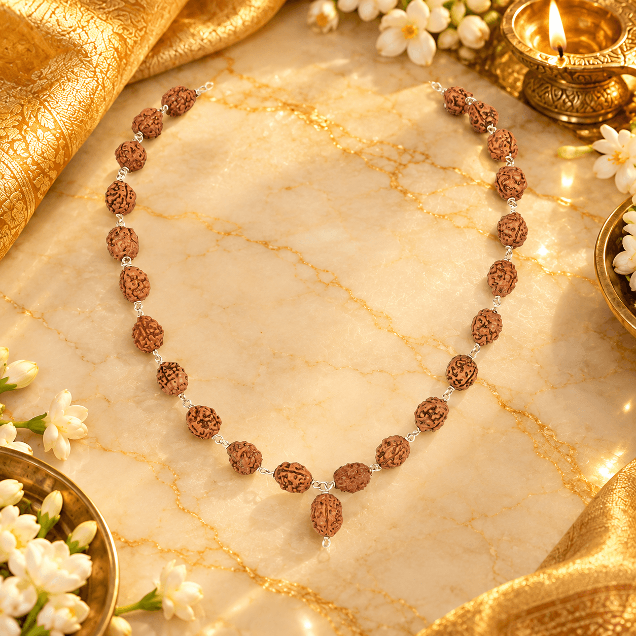 3 Mukhi Rudraksha Silver Wire Mala