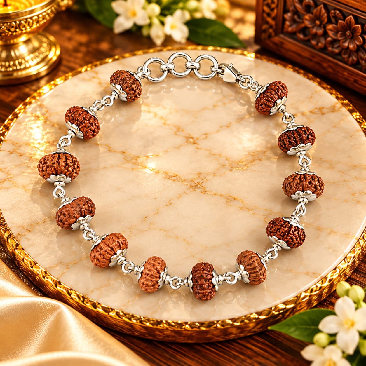 14 Mukhi Java 925 Silver Flower Caps Bracelet