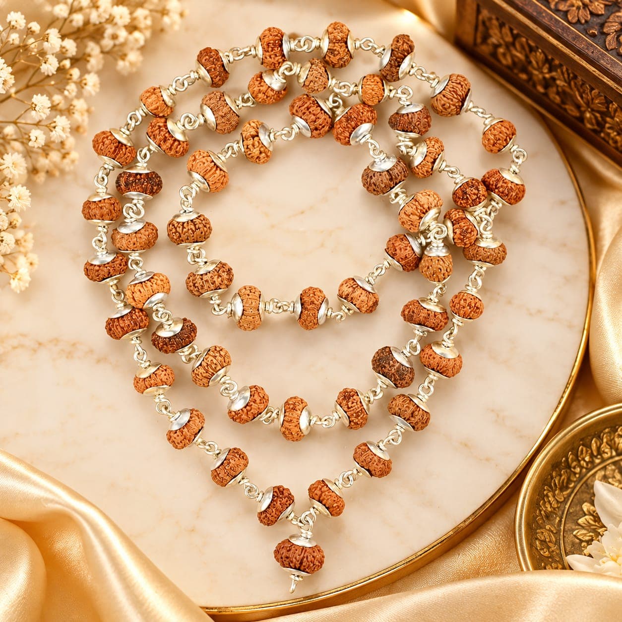 14 Mukhi Rudraksha 925 Silver Plain Caps Mala